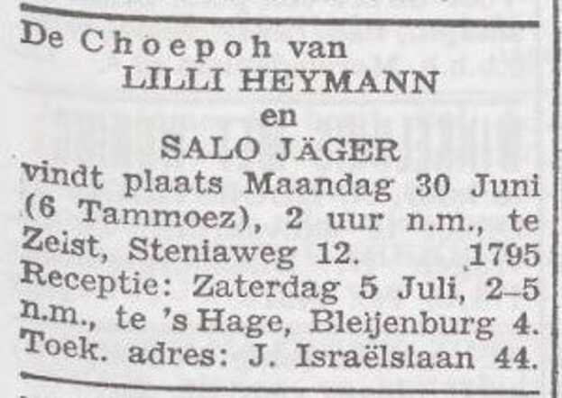 Aankondiging van de huwelijksinzegening van Salomon Jäger en Lilli Heymann