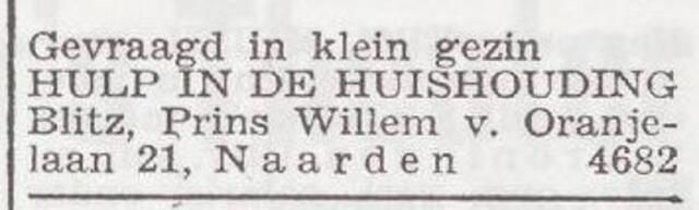 Advertentie 'personeel gevraagd' van het gezin Blitz