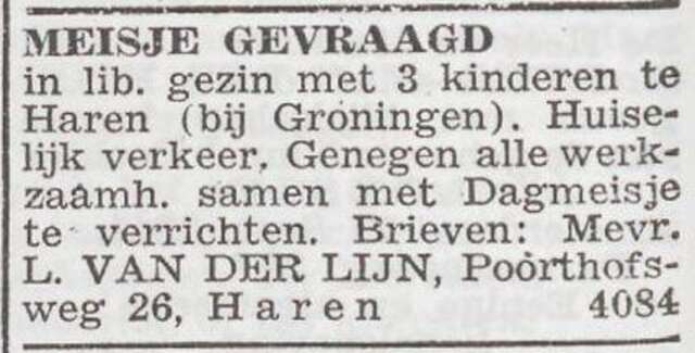Advertentie 'personeel gevraagd' van Line van der Lijn-Lorjé