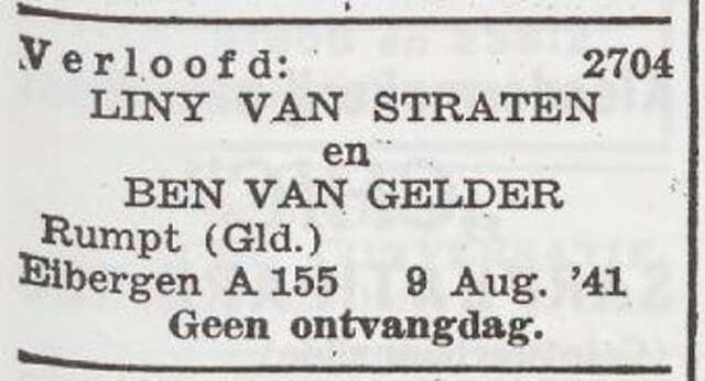 Bekendmaking van de verloving van Bettus van Gelder en Liny van Straten
