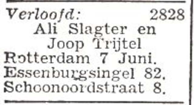 Vermelding van de verloving van Alida Slagter en Jozeph Trijtel