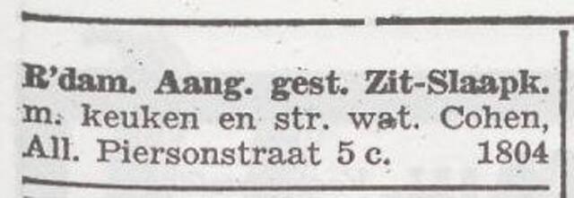 Advertentie 'te huur aangeboden' van Eliazar Cohen