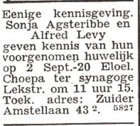 Aankondiging van de huwelijksinzegening van Rebecca Agsteribbe en Alfred Levy