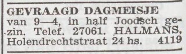 Advertentie 'personeel gevraagd' van het gezin Halmans