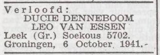 Bekendmaking van de verloving van Leo van Essen en Ducie Denneboom