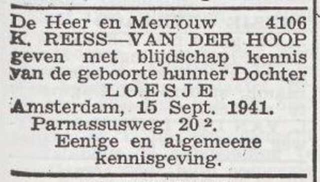 Bekendmaking van de geboorte van Loesje Reiss