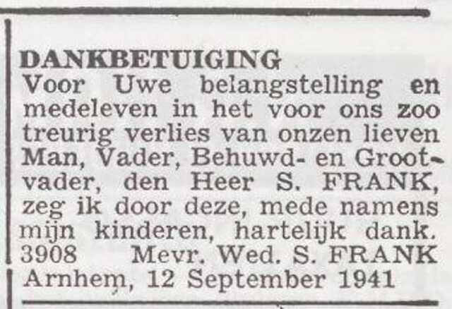 Dankbetuiging van weduwe Jeannette Frank-Hertog