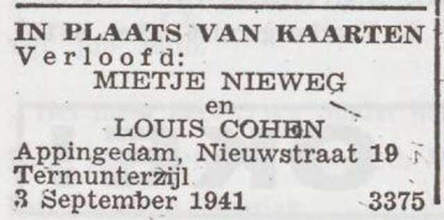 Bekendmaking van de verloving van Mietje Nieweg en Louis Cohen