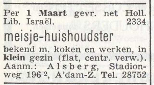 Advertentie van mw. Alsberg