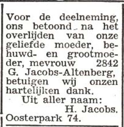 Dankbetuiging van de familie Jacobs