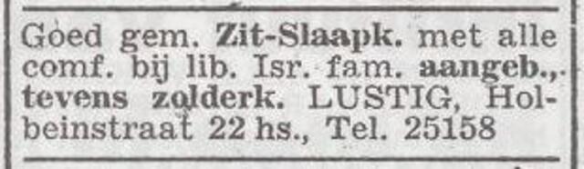 Advertentie 'te huur aangeboden'van het gezin Gustav Lustig