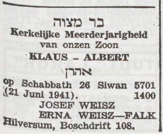 Aankondiging van de bar mitswa van Klaus Albert Weiss