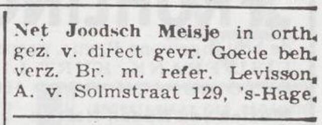 Advertentie van Anna Francis Levisson-Benjamin