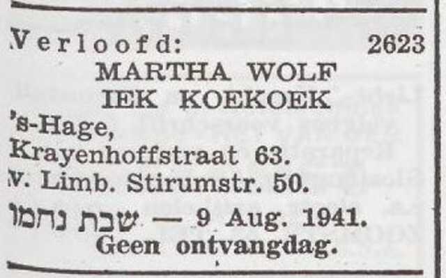 Bekendmaking van de verloving van Martha Wolf en Izaak Koekoek