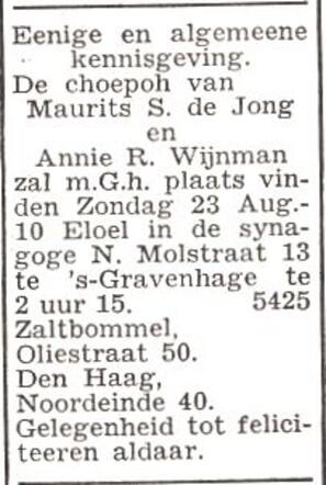 Aankondiging van de huwelijksinzegening van Annie Rozet Wijnman en Maurits Samuel de Jong