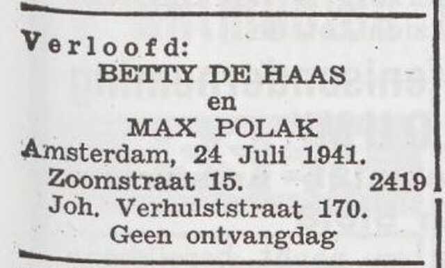 Bekendmaking van de verloving van Max Polak en Betty de Haas