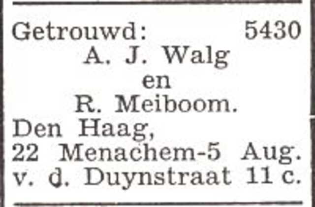 Bekendmaking van het huwelijk van Rachel Meiboom en A.J. Walg