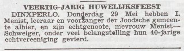 Huwelijksjubileum van Isaac en Carolina Menist-Schweiger
