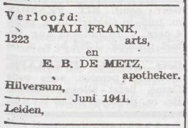 Bekendmaking van de verloving van Eliazar de Metz en Amalia Frank