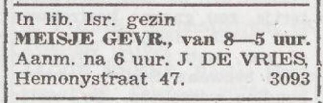 Advertentie van het gezin Jacob de Vries