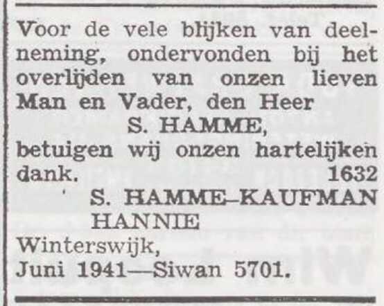 Dankbetuiging van het gezin Hamme