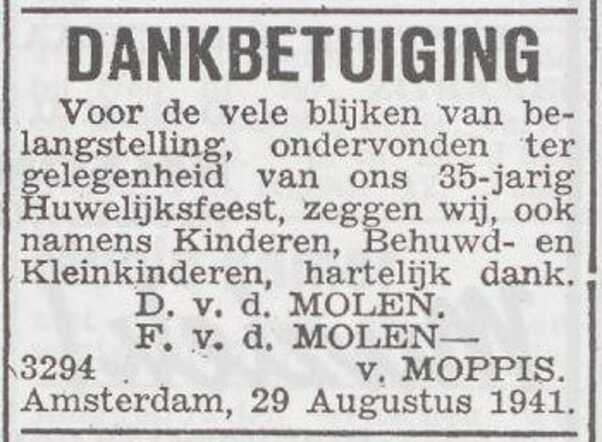 Dankbetuiging van de familie Van der Molen