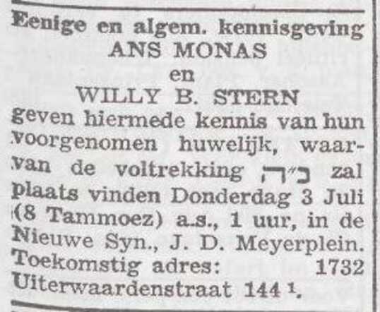 Aankondiging van de huwelijksinzegening van Anna Monas en Baruch Wolf Stern