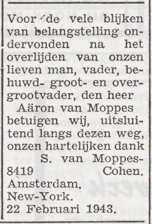 Dankbetuiging van de familie van Moppes