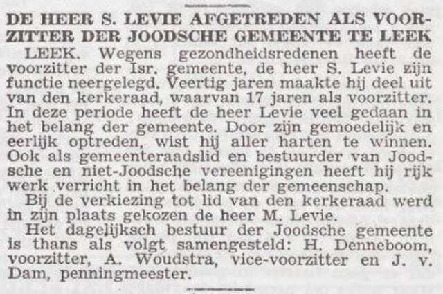 Aftreden van Samuel Levie als voorzitter Joodse Gemeente Leek