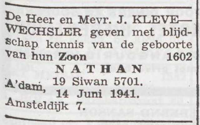 Bekendmaking van de geboorte van Nathan Kleve
