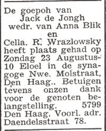 Bekendmaking van de huwelijksinzegening van Izaak de Jongh en Rosalia Wrazlowsky