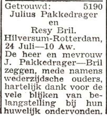 Bekendmaking van het huwelijk van Julius Abraham Pakkedrager en Resy Anna Bril