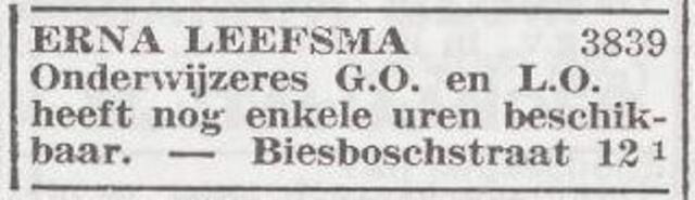 Advertentie van onderwijzeres Erna Leefsma