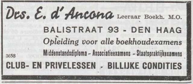 Advertentie van leraar drs. Elias d'Ancona