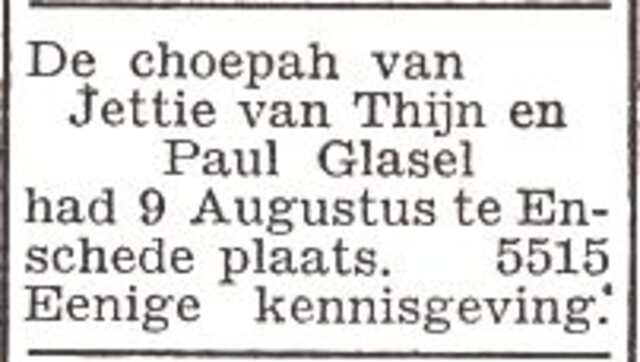 Bekendmaking van de huwelijksinzegening van Andor Pál Glasel en Henriette van Thijn