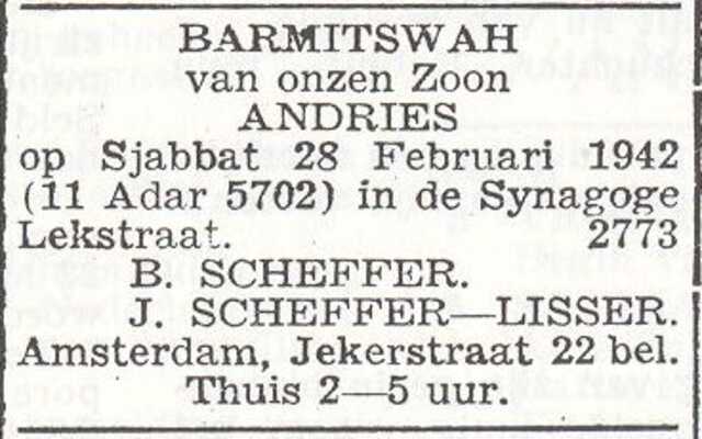 Aankondiging van de bar mitswa van Andries Scheffer