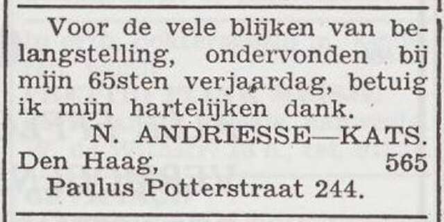 Dankbetuiging  van Natan en Johanna Andriesse