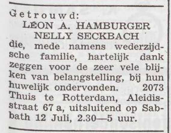 Dankbetuiging van het echtpaar Leon en Nelly Hamburger