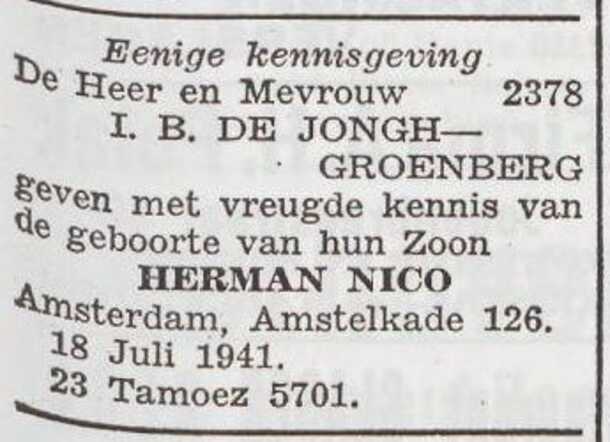Bekendmaking van de geboorte van Herman Nico de Jong