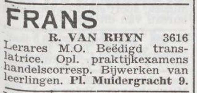 Advertentie van lerares Reina van Rhijn