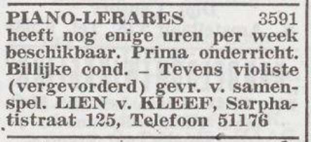 Advertentie van pianolerares Celina van Kleef