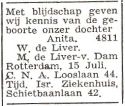 Bekendmaking van de geboorte van Anita de Liver
