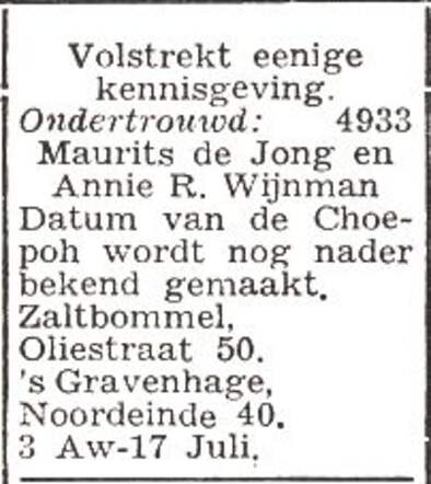Bekendmaking van ondertrouw van Maurits Samuel de Jong en Annie Rozet Wijnman