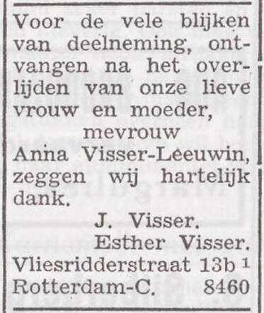Dankbetuiging van de familie Visser