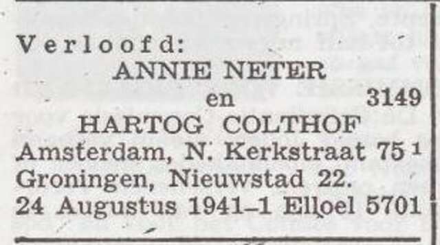 Bekendmaking van de verloving van Anna Neter en Hartog Colthof