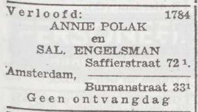 Bekendmaking van de verloving van Anna Polak en Salomon Engelsman