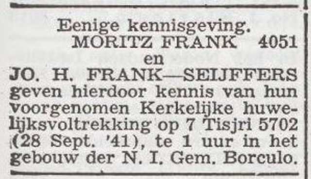 Aankondiging van de huwelijksinzegening van Moritz Frank en Johanna Helena Seijffers