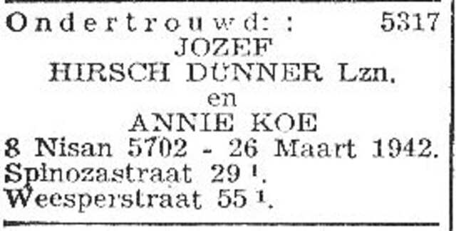 Bekendmaking van ondertrouw van Anna Koe en Jozef Hirsch Dinner
