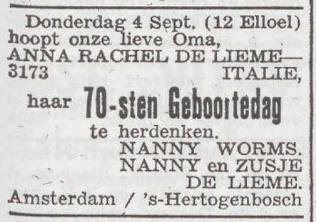 Viering van de 70ste verjaardag van Anna Rachel de Lieme-Italie