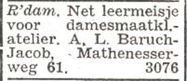 Advertentie van mw. Annalise Baruch-Jacob